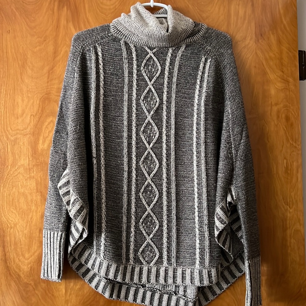 Anthropologie Gray Cable Knit Poncho with Cream Stripes - Picture 2 of 10